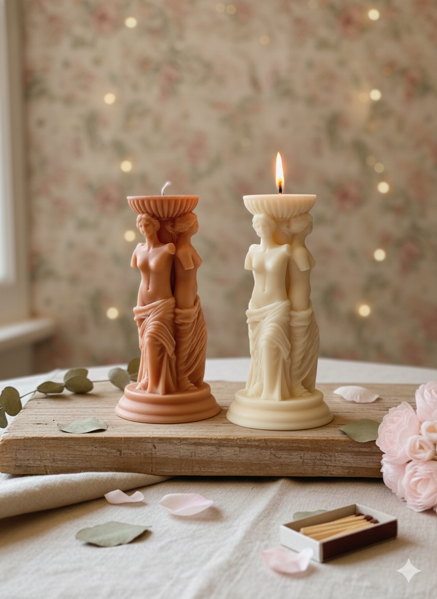 Two candle holders shaped like women on a wooden board with a floral background