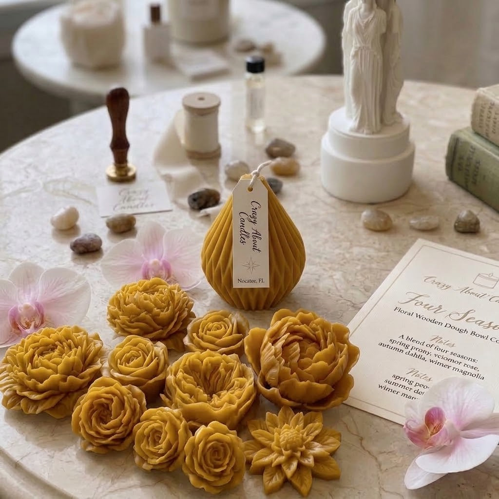A styled tabletop display featuring a yellow teardrop-shaped candle labeled &