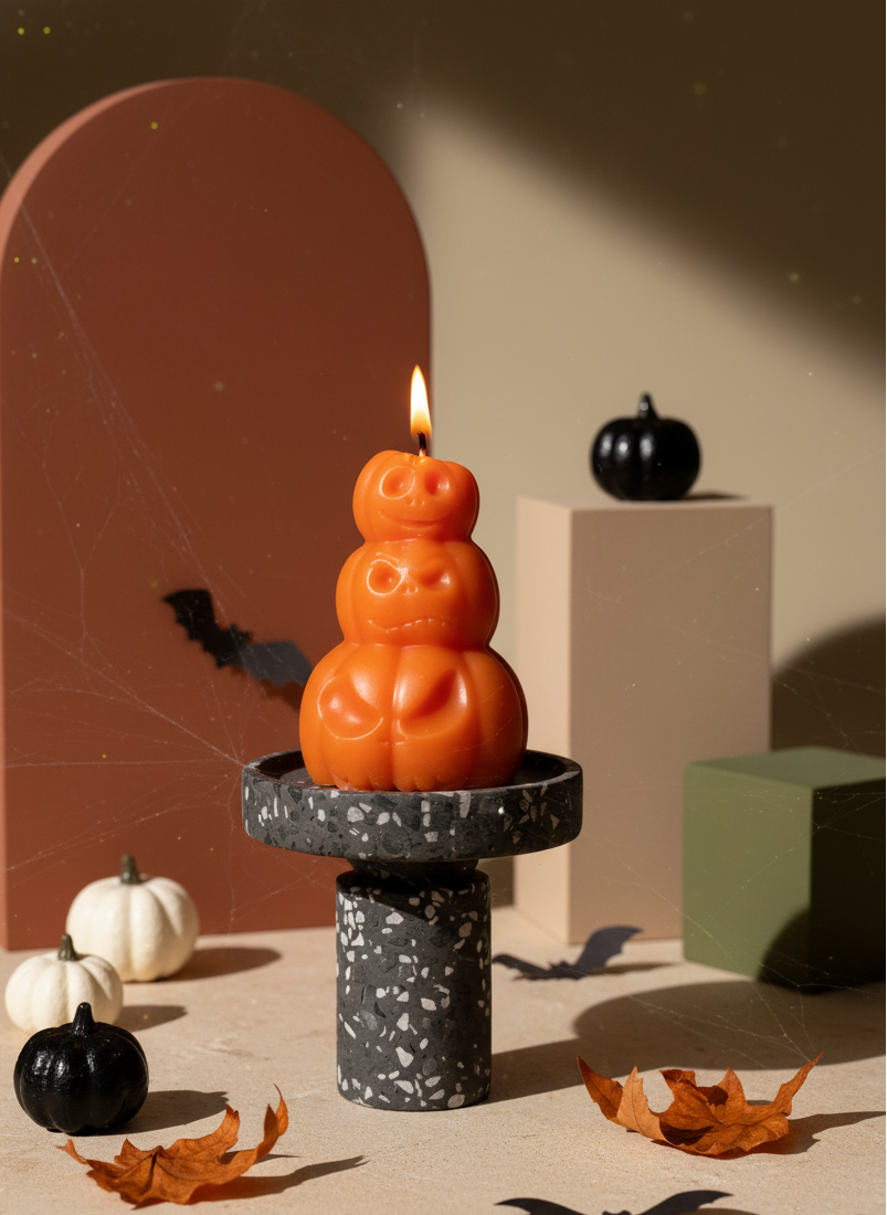 Pumpkin Candle Set – Hand-Poured 100% Soy Wax, 3"×2" Fall Sculpture, Orange, Ivory & Gray, Pumpkin Spice Cinnamon Vanilla Scent, Made in USA