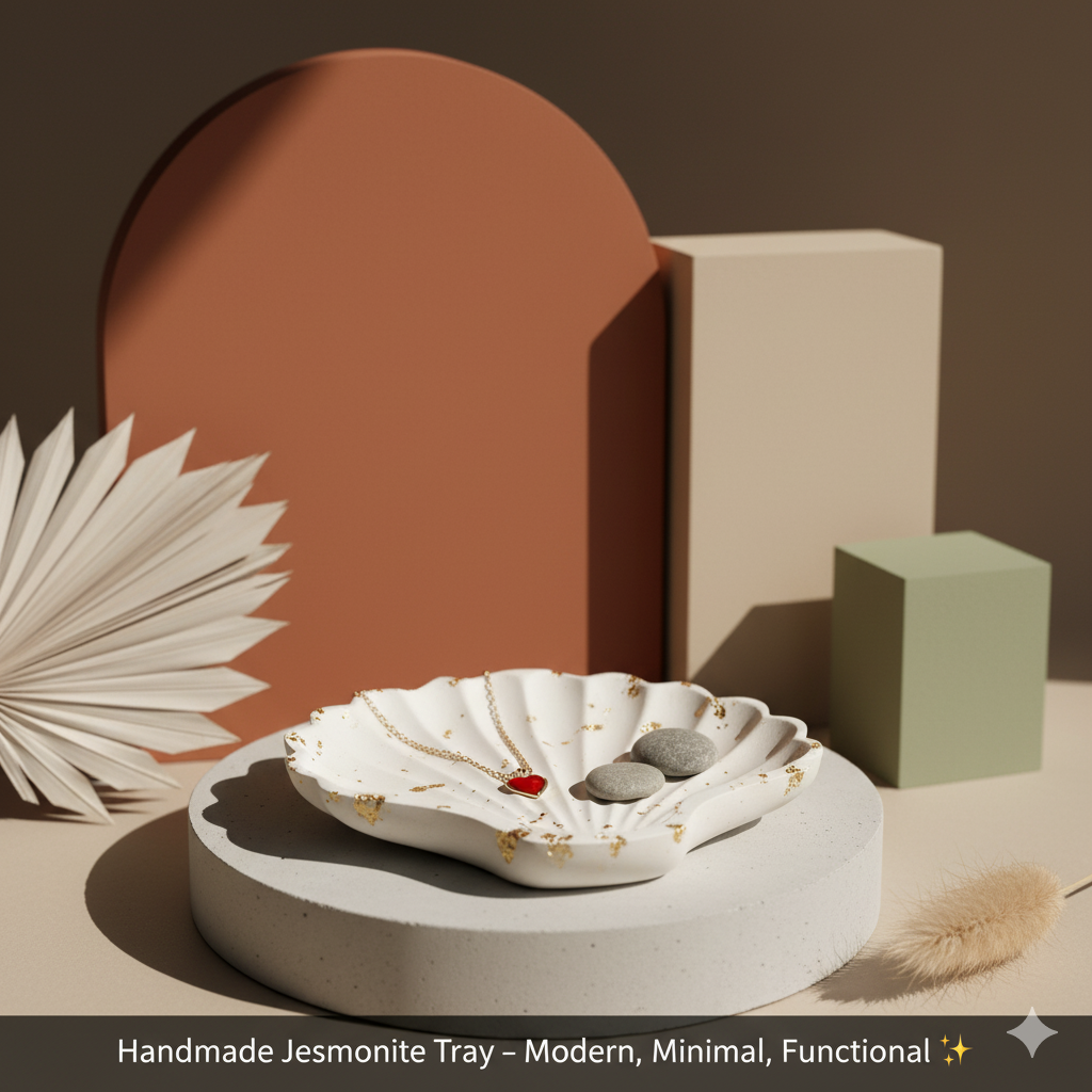 Jesmonite Shell Tray Handmade – 4"×4"×1" Coastal Minimalist Décor Tray, Non-Toxic Eco-Friendly Material, Handcrafted in USA