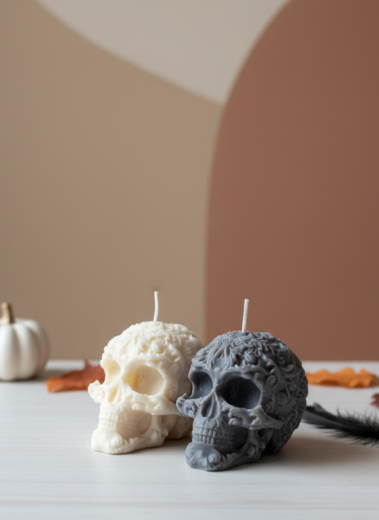 Floral Skull Candle in Ivory – Hand-Poured Eco-Friendly Wax, 2"H×2"W Gothic Floral Sculpture, Pumpkin Apple & Vanilla Scents, Made in USA