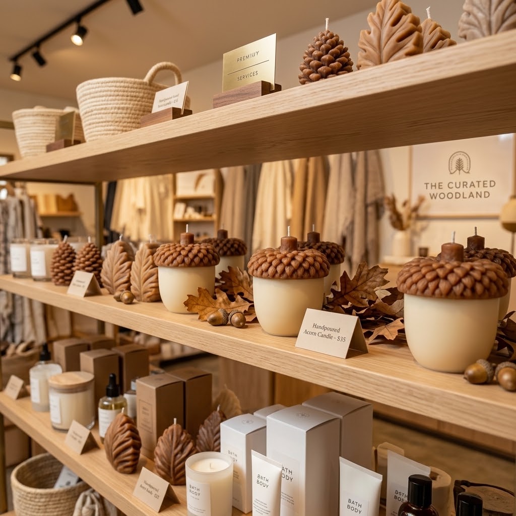 A warm, rustic home decor and candle display on wooden shelves, featuring acorn-shaped candles, pinecone candles, leaf candles, and natural fiber baskets. The brand &