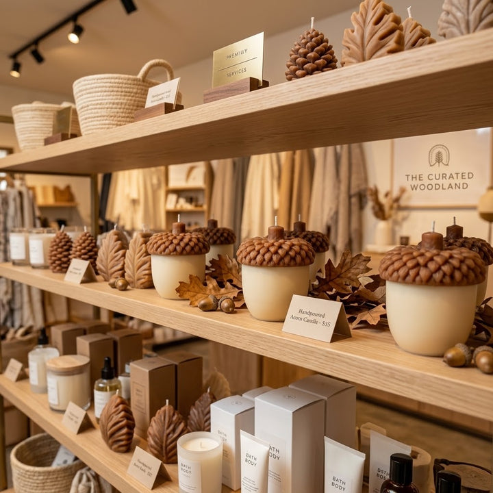 A warm, rustic home decor and candle display on wooden shelves, featuring acorn-shaped candles, pinecone candles, leaf candles, and natural fiber baskets. The brand &