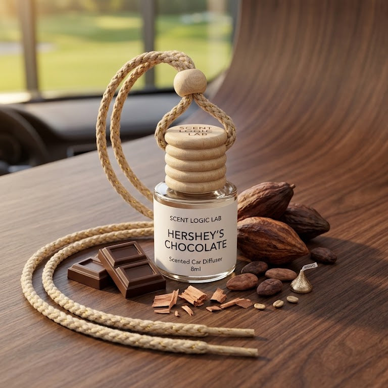 A small glass car diffuser bottle labeled &