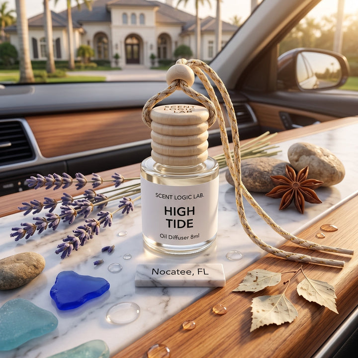 A glass oil diffuser bottle labeled &