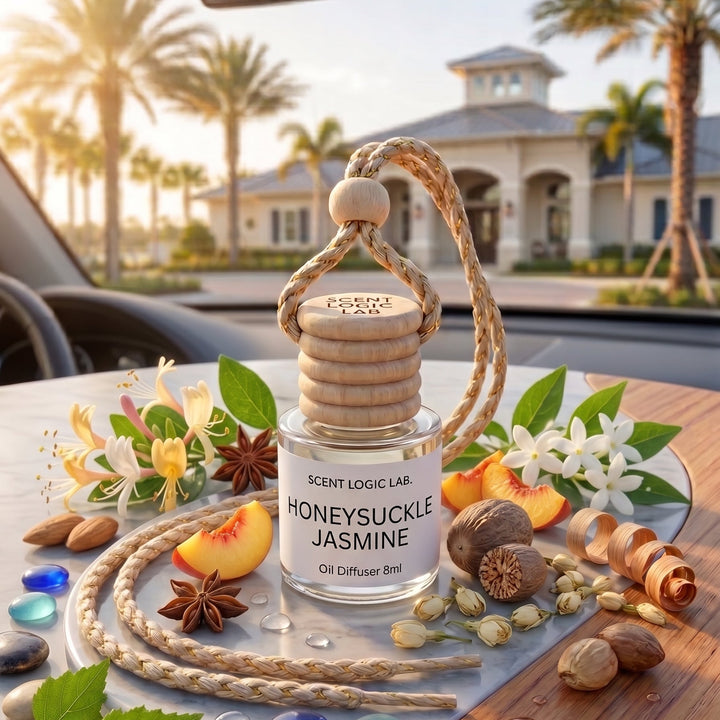 A glass oil diffuser bottle labeled &
