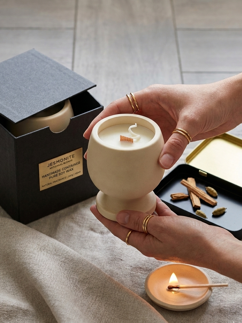 Minimalist sculptural Jesmonite candle featuring a smooth cream-colored soy wax pillar on an architectural stone pedestal base with a natural wood wick.