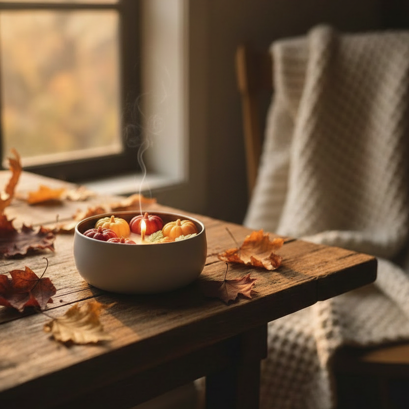 A small white bowl filled with autumn-colored candles sits on a rustic wooden table beside a window, with scattered dry leaves around it and a cozy chair draped with a blanket in the background.