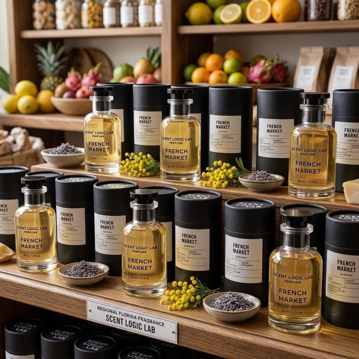 Multiple fragrance products from Scent Logic Lab, including clear glass bottles and black cylindrical tubes, all labeled &