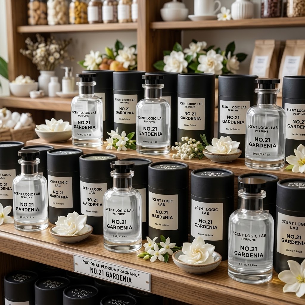 Multiple glass fragrance bottles and black cylindrical tubes labeled SCENT LOGIC LAB NO.21 GARDENIA arranged on wooden shelves with white flowers and a warm indoor background.