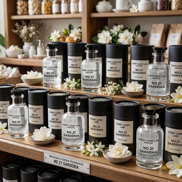 Multiple glass fragrance bottles and black cylindrical tubes labeled SCENT LOGIC LAB NO.21 GARDENIA arranged on wooden shelves with white flowers and a warm indoor background.