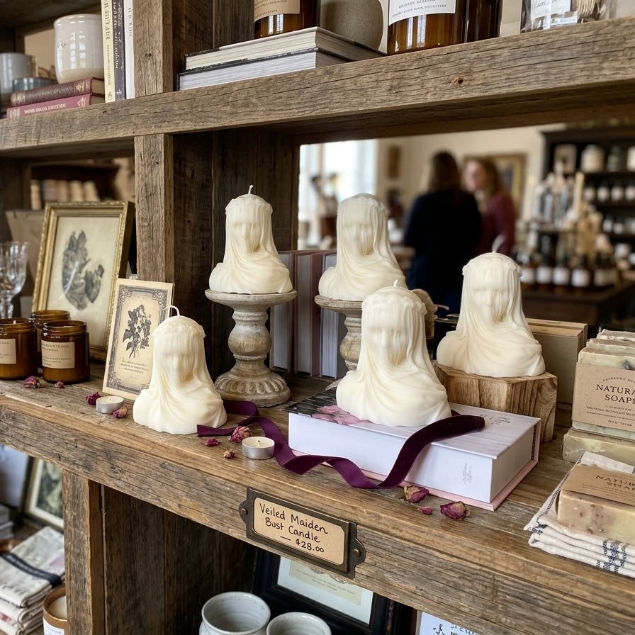 A rustic wooden shelf display in a shop featuring several white sculptural candles shaped like draped female busts, alongside books, glassware, jars, and small decorative items. A sign on the shelf reads &
