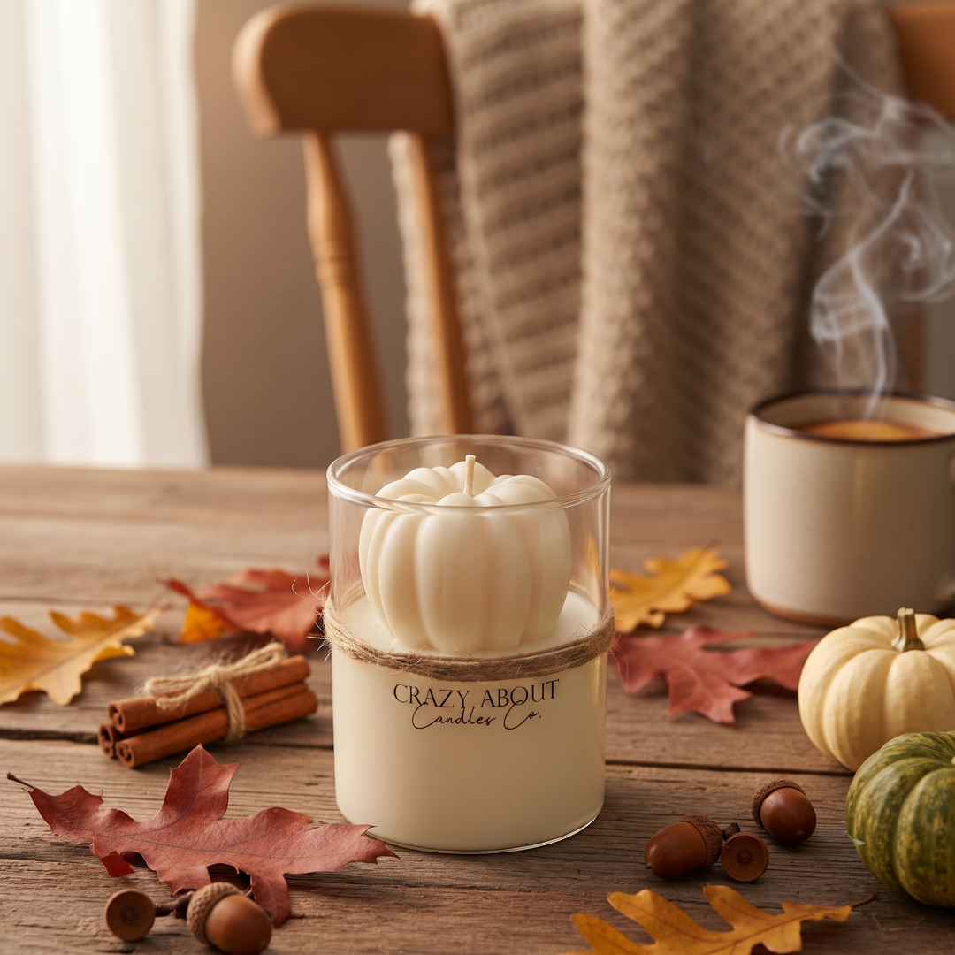 A white candle shaped like a small pumpkin sits in a clear glass jar on a rustic wooden table, surrounded by autumn leaves, acorns, cinnamon sticks, and a mug with rising steam. The jar is labeled &
