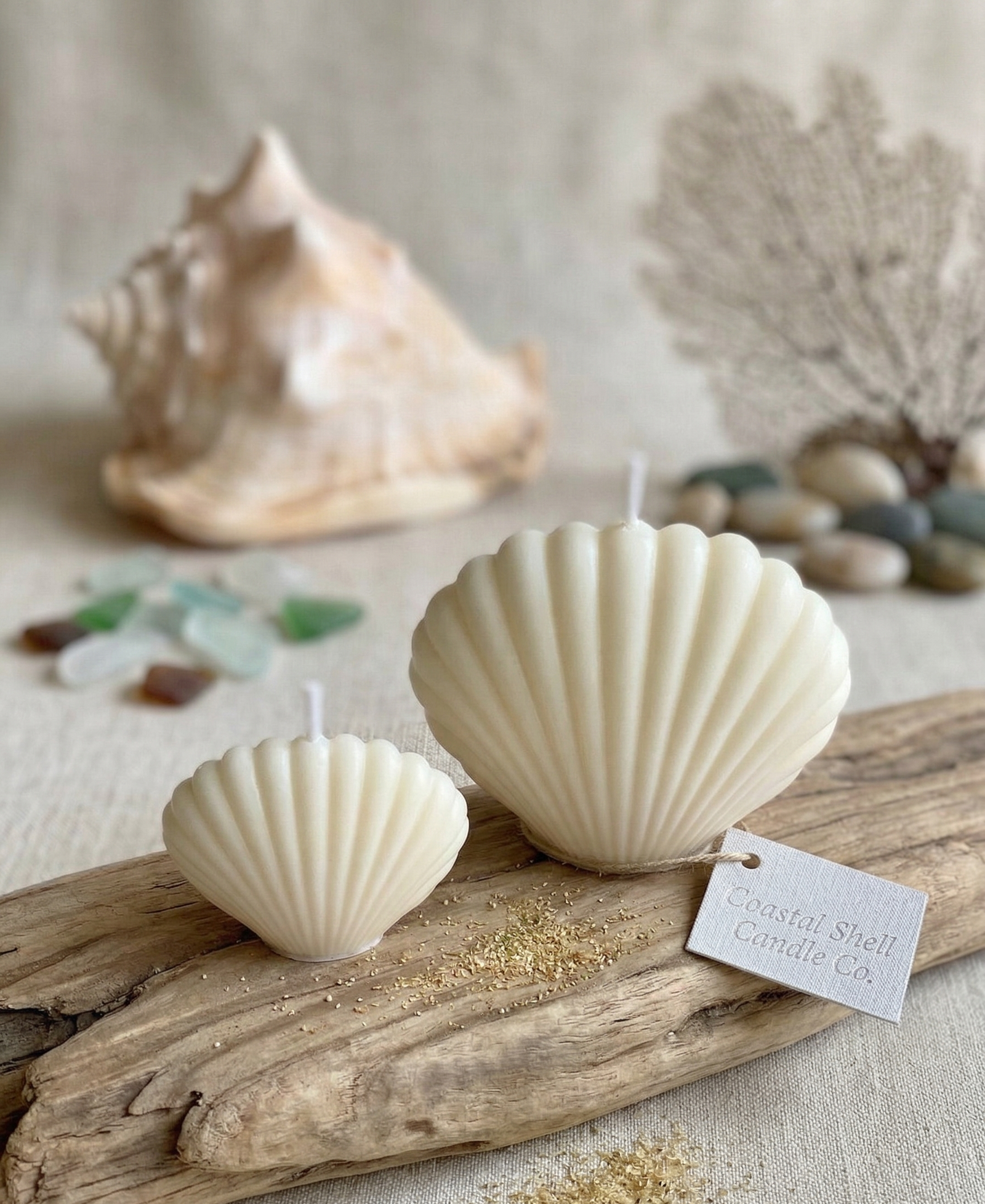 Shell Candle in Ivory – Hand-Poured Soy Wax Seashell Candle, Available in Ocean Breeze, Coconut Hibiscus & Wild Lavender Scents
