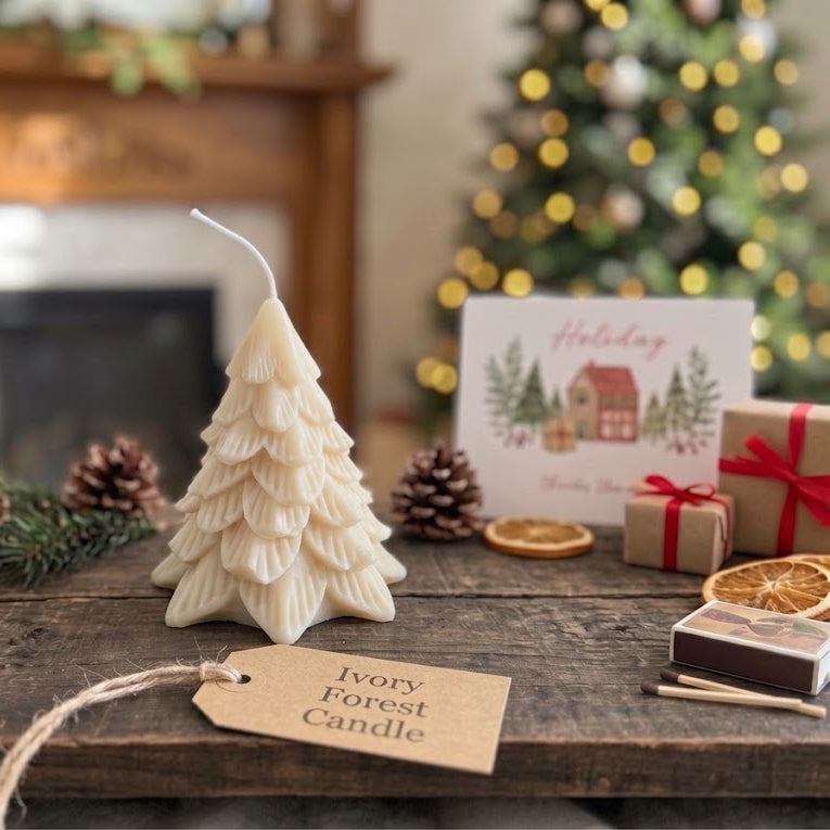 An ivory Christmas tree-shaped candle sits on a rustic wooden table, styled with a holiday greeting card, wrapped gift boxes, dried orange slices, pinecones, and a matchbox. The candle has a paper tag reading &
