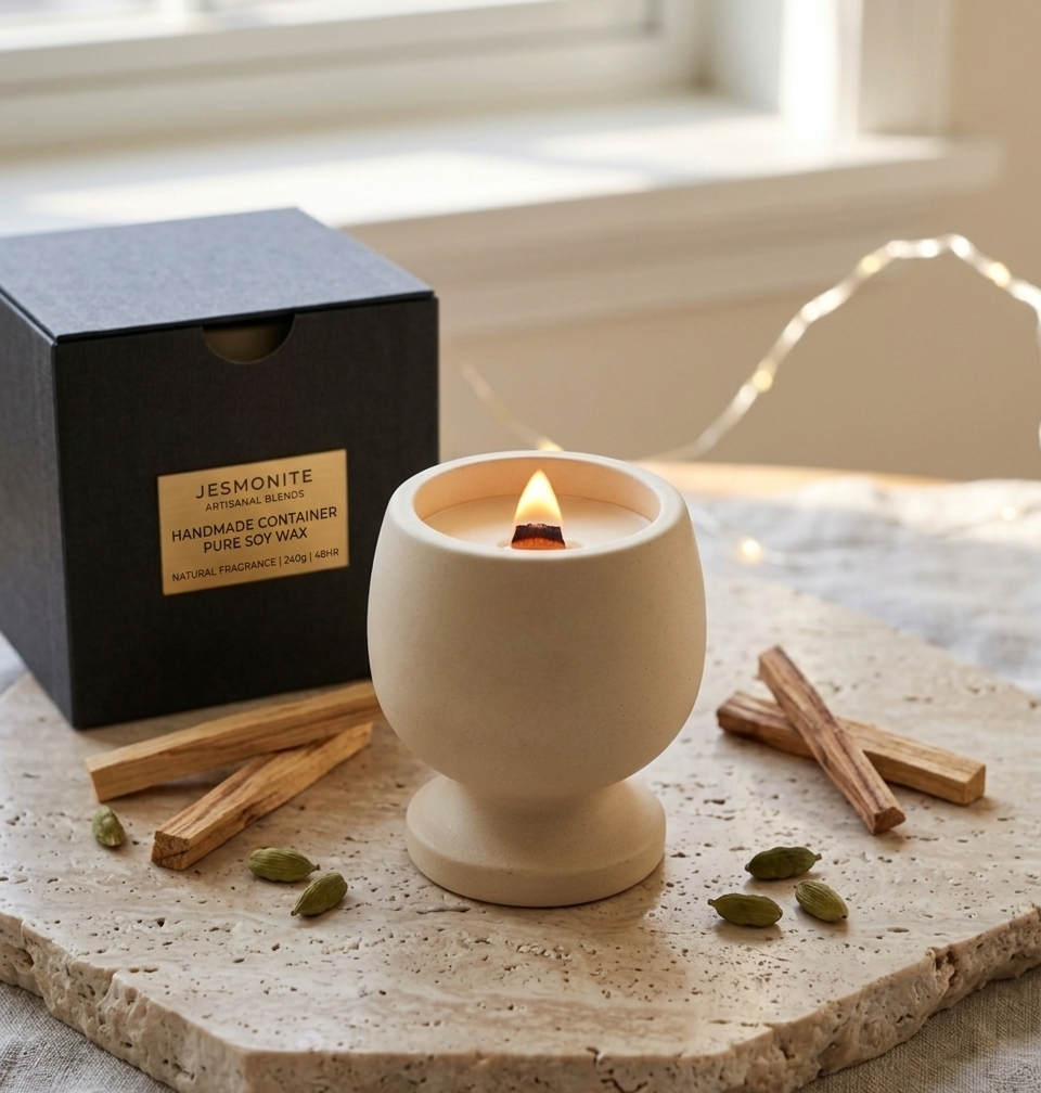 Candle in a decorative holder with cinnamon sticks and cardamom pods on a stone surface.