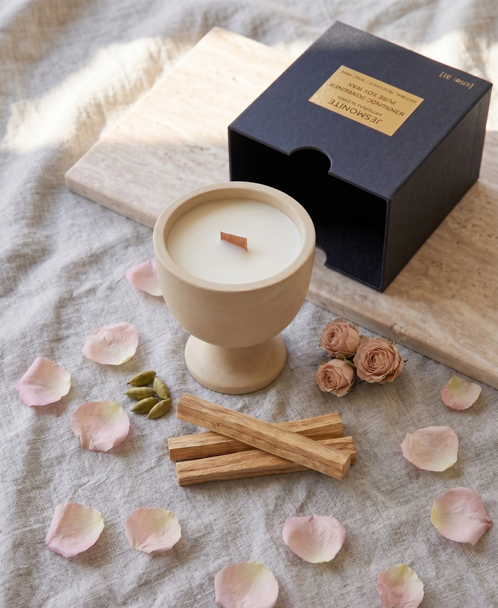 Jesmonite container candle with wooden wick.
