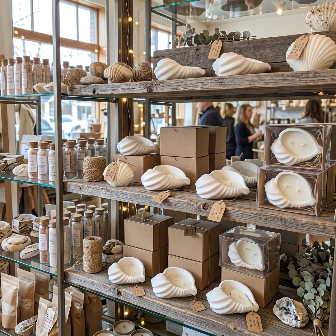 A boutique interior with wooden shelves displaying seashell-shaped candles in various sizes, alongside other natural-themed products like soap bars, jars, and gift boxes. Shoppers are visible in the softly blurred background.