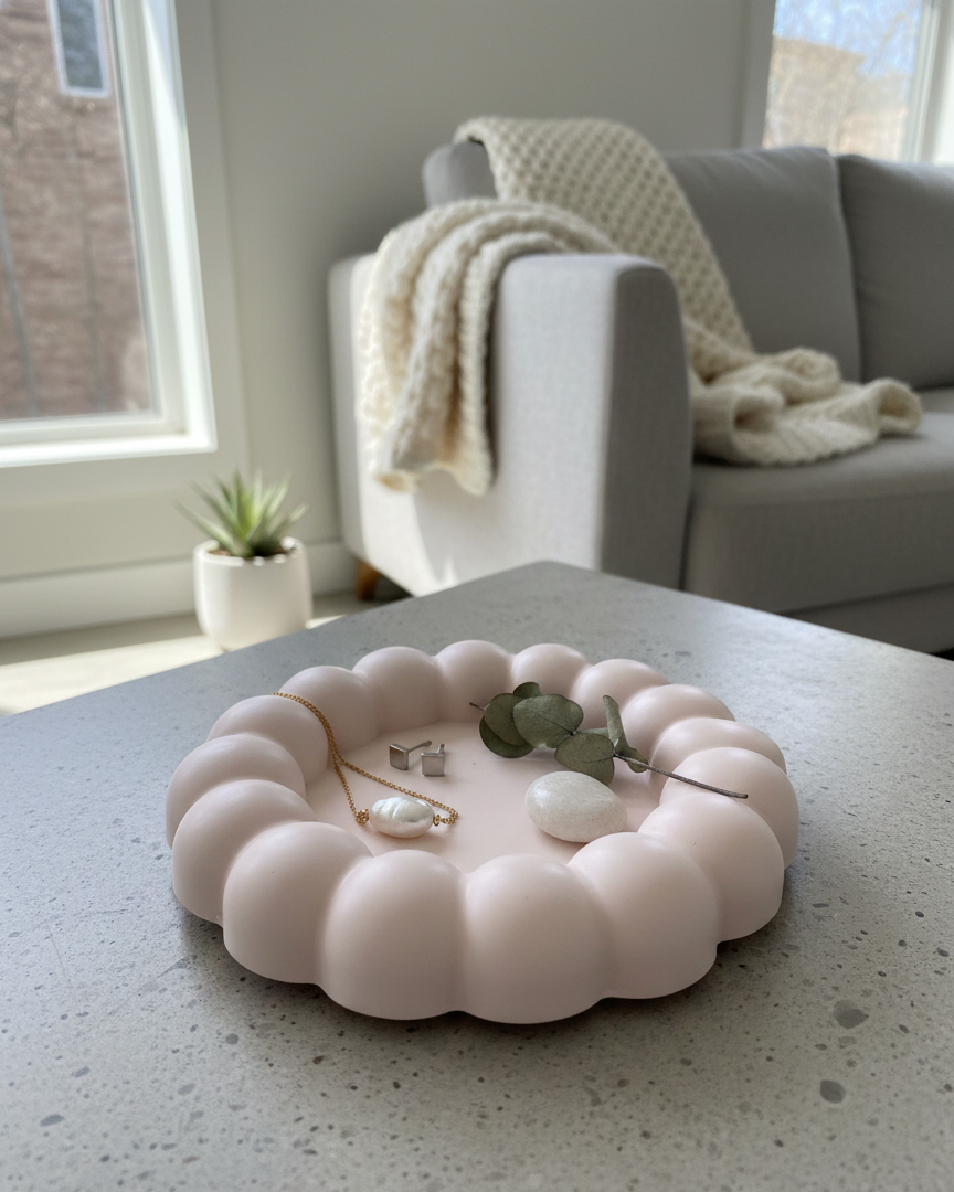 Pink Jesmonite jewelry dish on a table with a couch and plant in the background