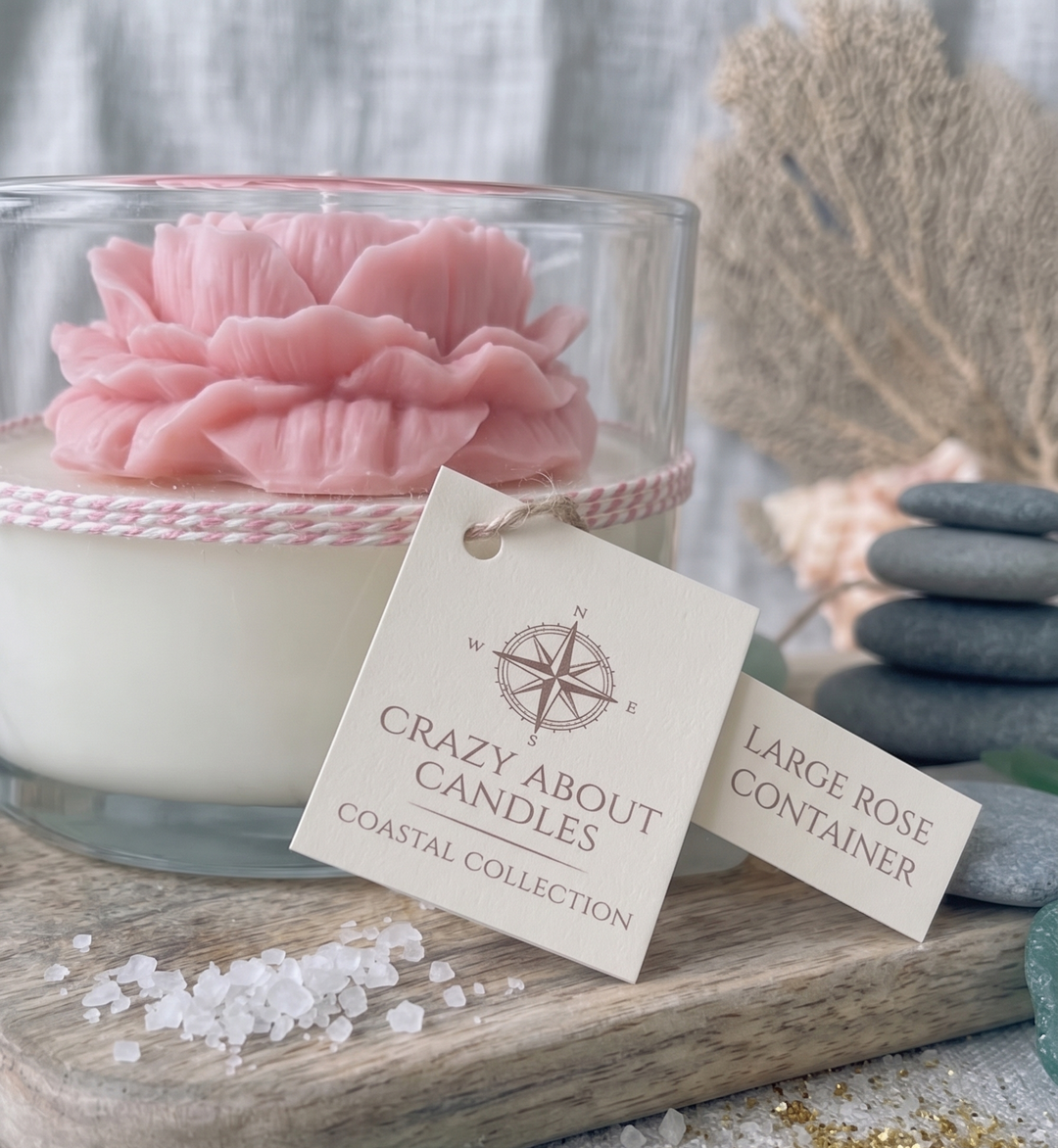 Crazy About Candles large rose container candle — hand-poured soy wax with sculpted rose bloom in glass jar