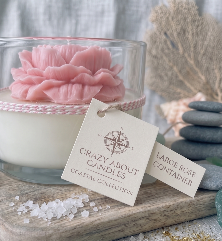 Crazy About Candles large rose container candle — hand-poured soy wax with sculpted rose bloom in glass jar