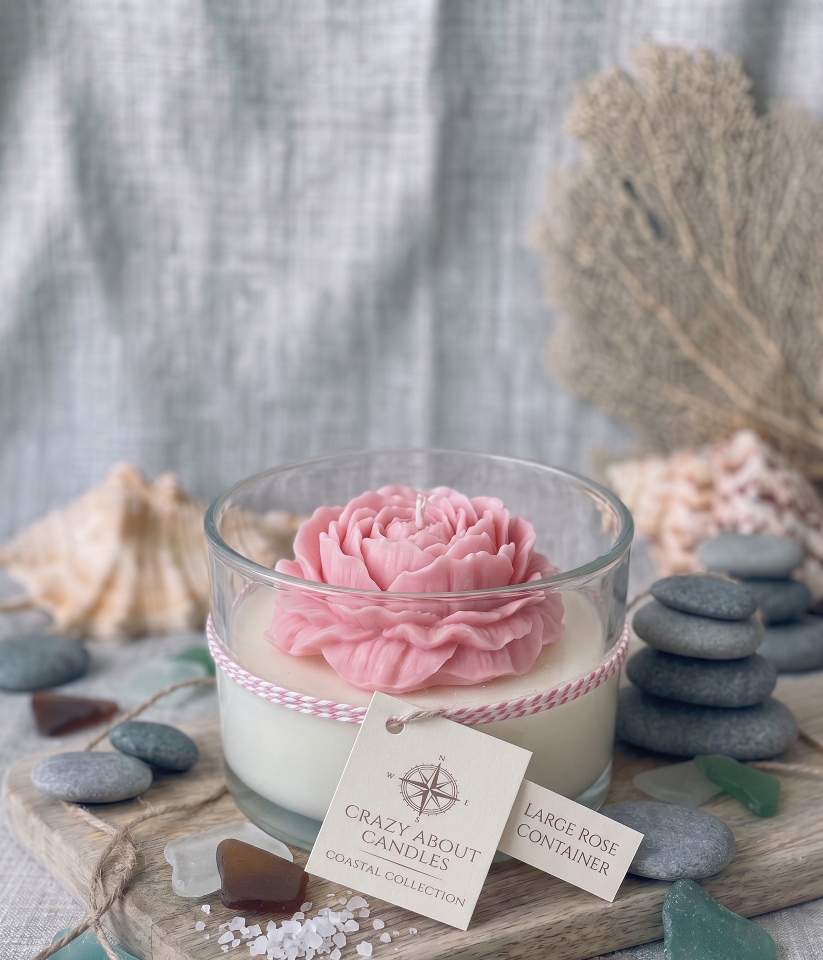 Large rose-in-a-jar soy wax candle — 16oz hand-sculpted floral candle in clear glass, handmade in USA