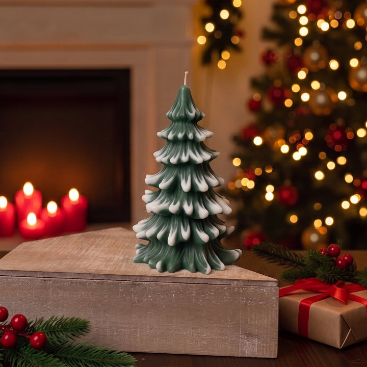 Large Green Cedar Christmas Tree Candle on a stand 
