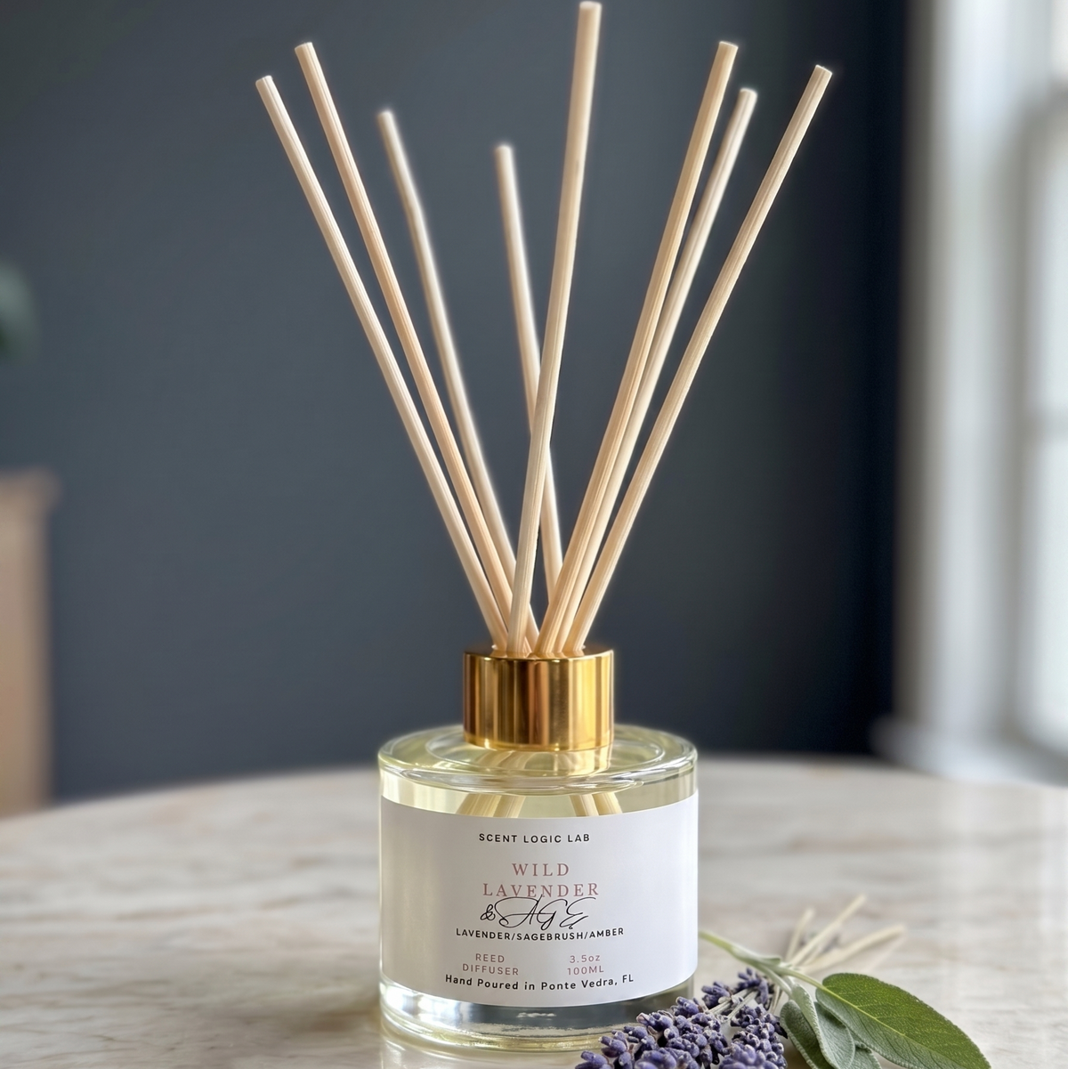 Reed diffuser with lavender and eucalyptus on a wooden surface