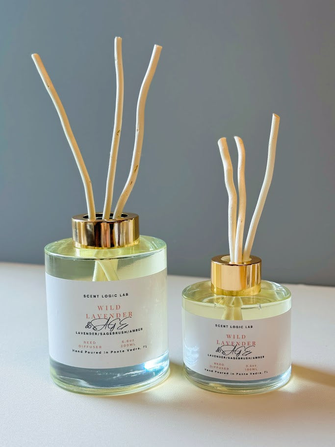 Wild Lavender reed diffusers in 100ml and 200ml sizes with white natural reeds inserted, highlighting their elegant design and relaxing aesthetic.
