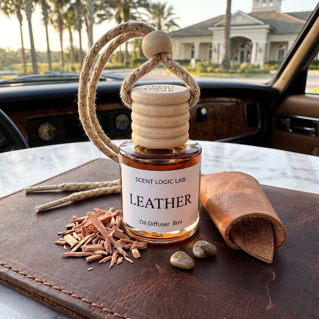 A leather-look oil diffuser bottle from Scent Logic Lab sits on a brown leather mat inside a car, with wood chips, a rolled leather piece, and a rope loop around the cap. Palm trees and a building are visible through the car window in the background.