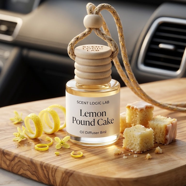 A bottle of Scent Logic Lab Lemon Pound Cake oil diffuser fragrance, styled on a wooden cutting board with lemon slices, cake pieces, and a rope loop, with a blurred car interior in the background.