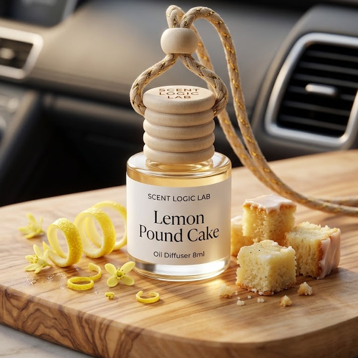 A bottle of Scent Logic Lab Lemon Pound Cake oil diffuser fragrance, styled on a wooden cutting board with lemon slices, cake pieces, and a rope loop, with a blurred car interior in the background.