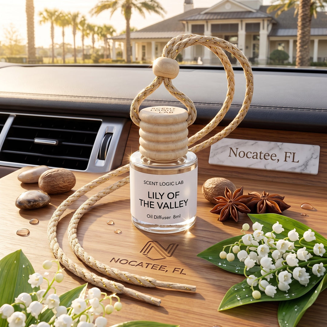 A glass car oil diffuser bottle labeled &