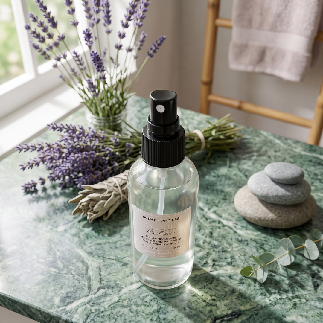A clear glass spray bottle labeled &
