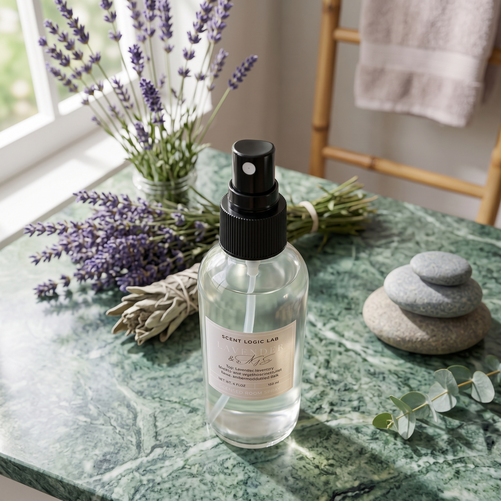 A clear glass spray bottle labeled 'SCENT LOGIC LAB' sits on a green marble surface, surrounded by lavender stems, stacked gray stones, and a eucalyptus sprig in a bright bathroom-like setting.