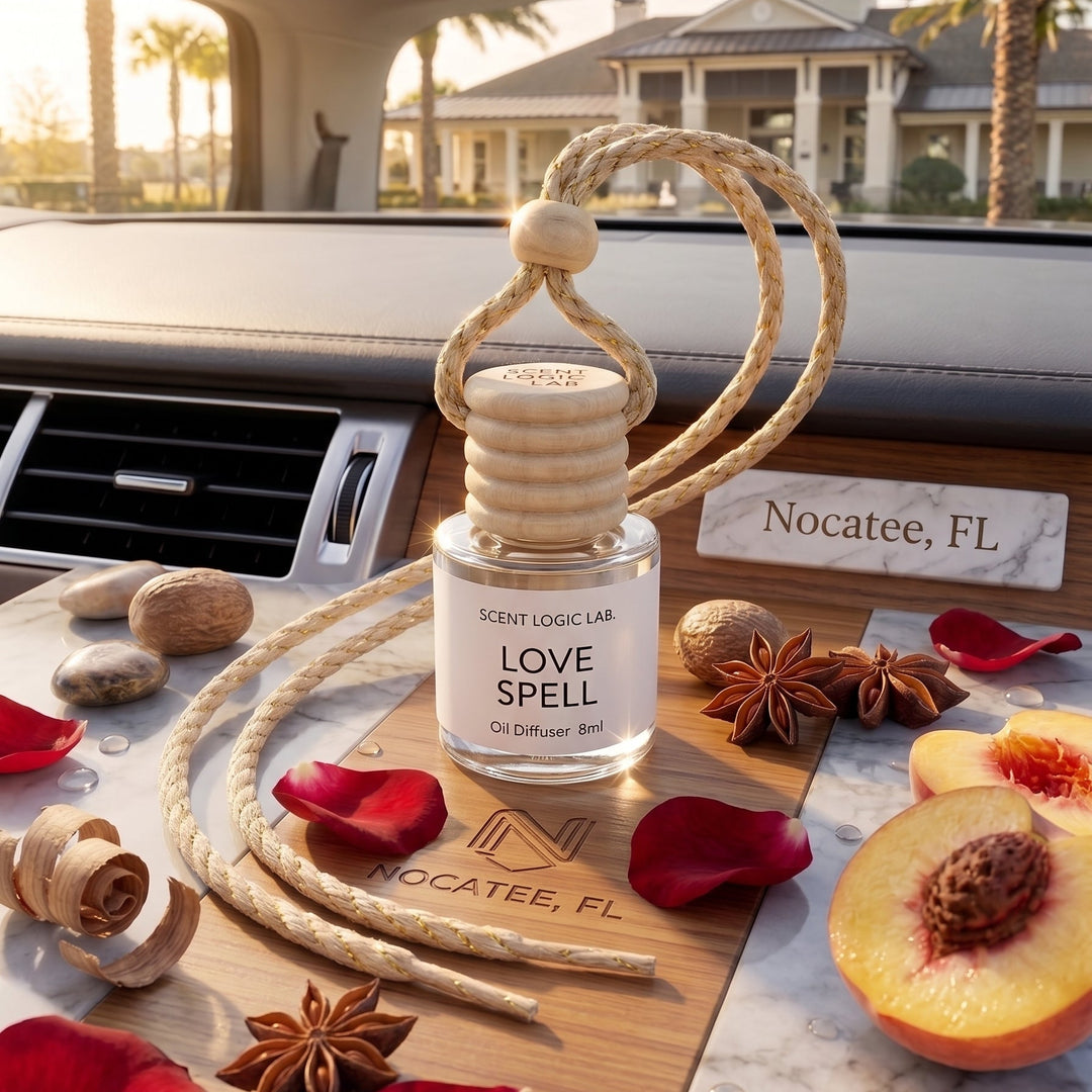 A car interior scene with a small glass diffuser bottle labeled &