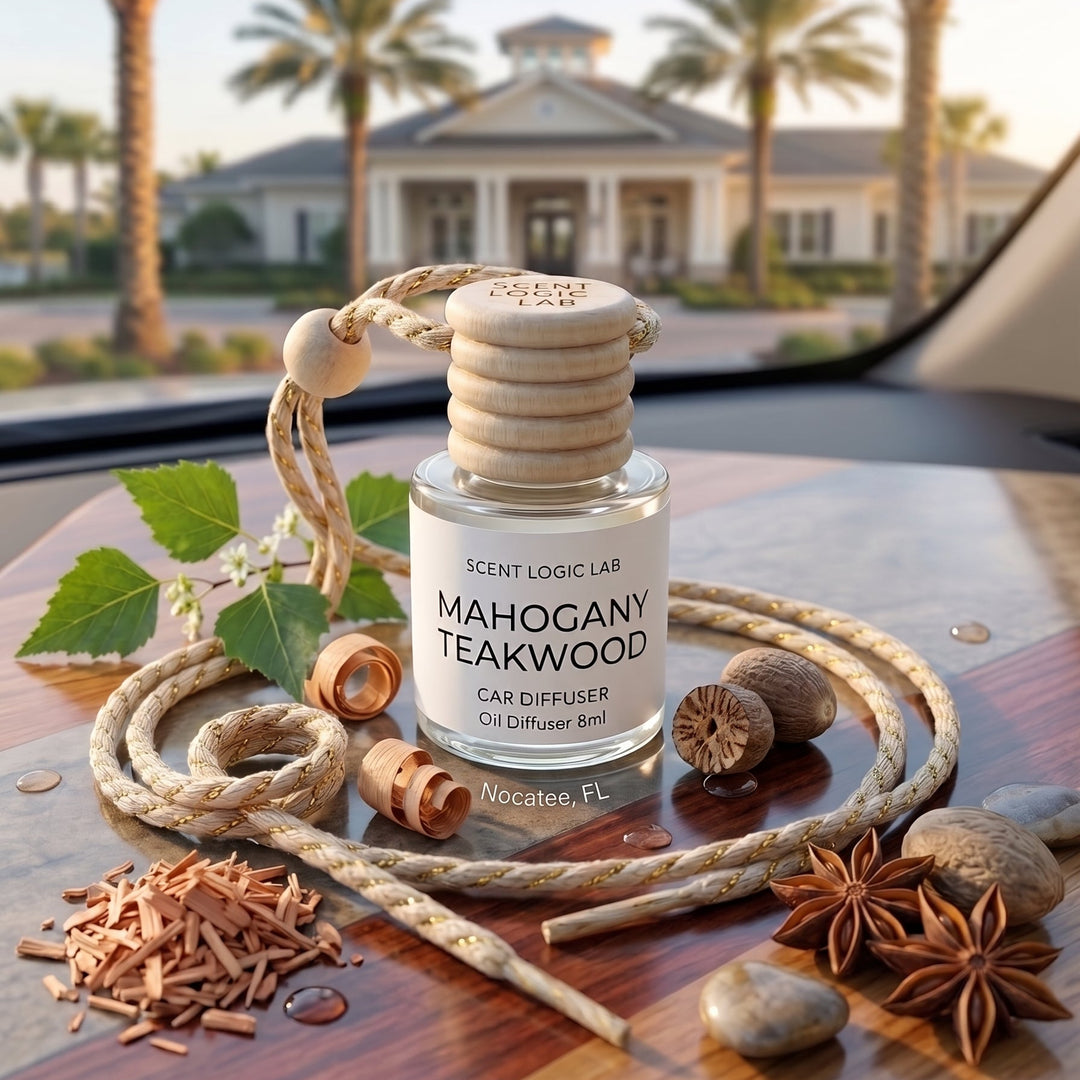 A car diffuser bottle labeled &
