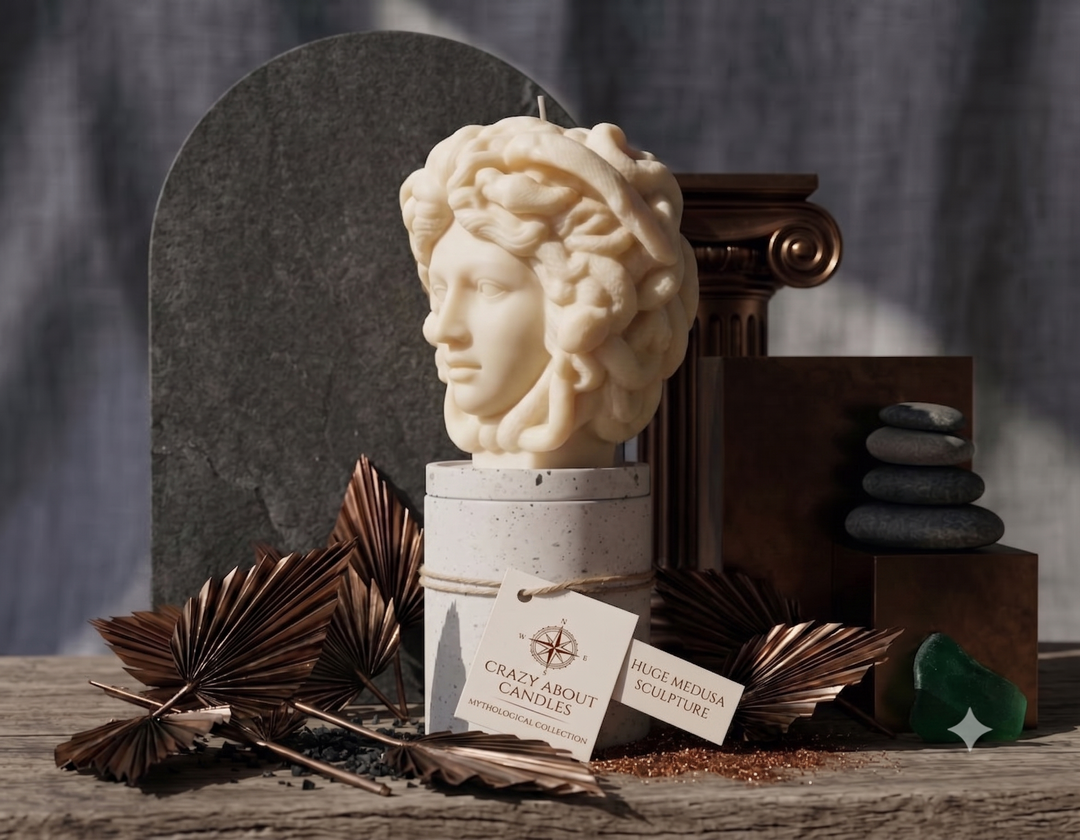 Large Medusa soy wax sculpture candle — 2 lb hand-poured Greek mythology statement piece, available in 10 scents, made in USA
