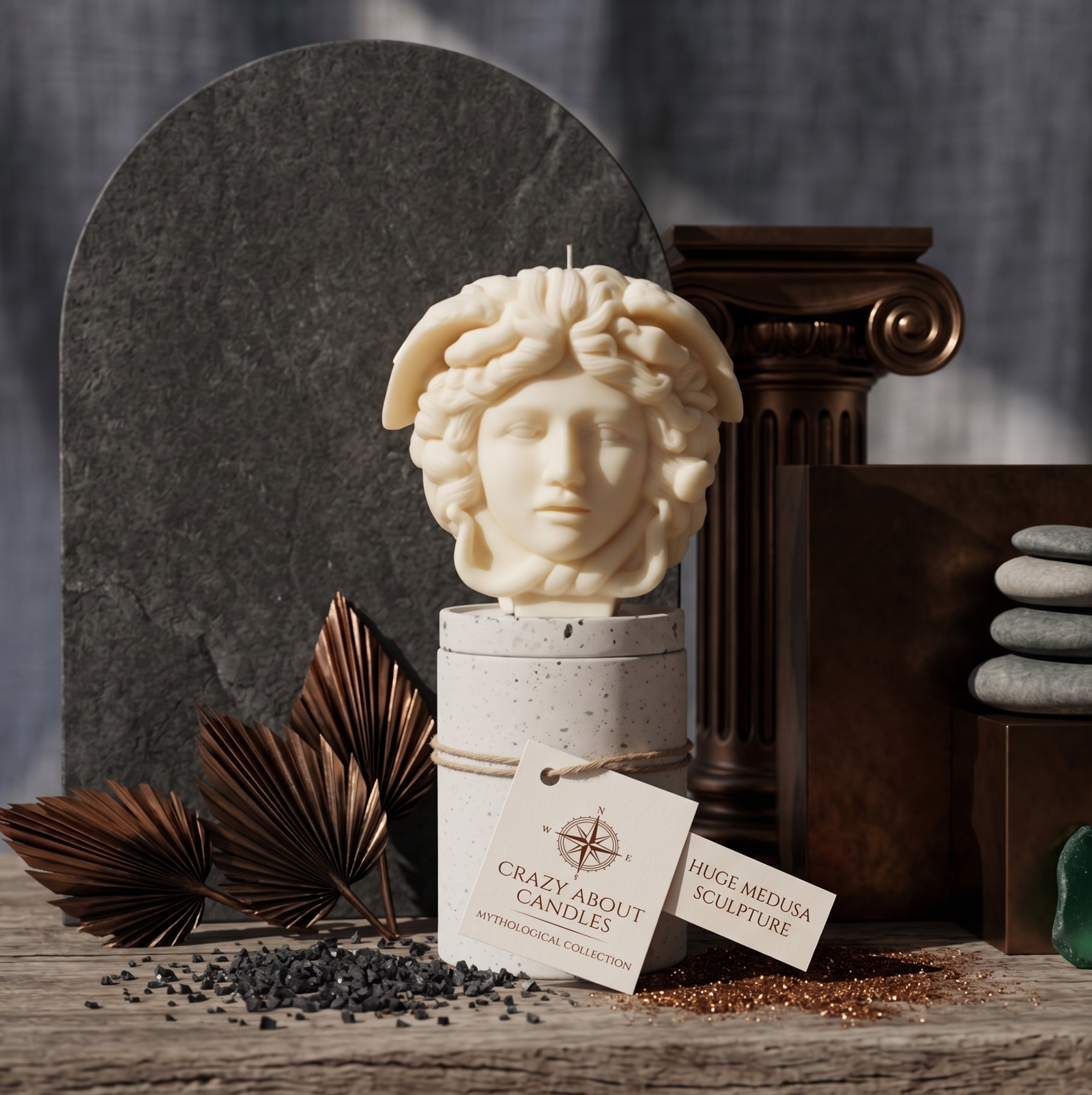 Medusa sculpture soy wax candle in Ivory — hand-poured Greek mythology art candle, 8"×8", handmade in USA by Crazy About Candles