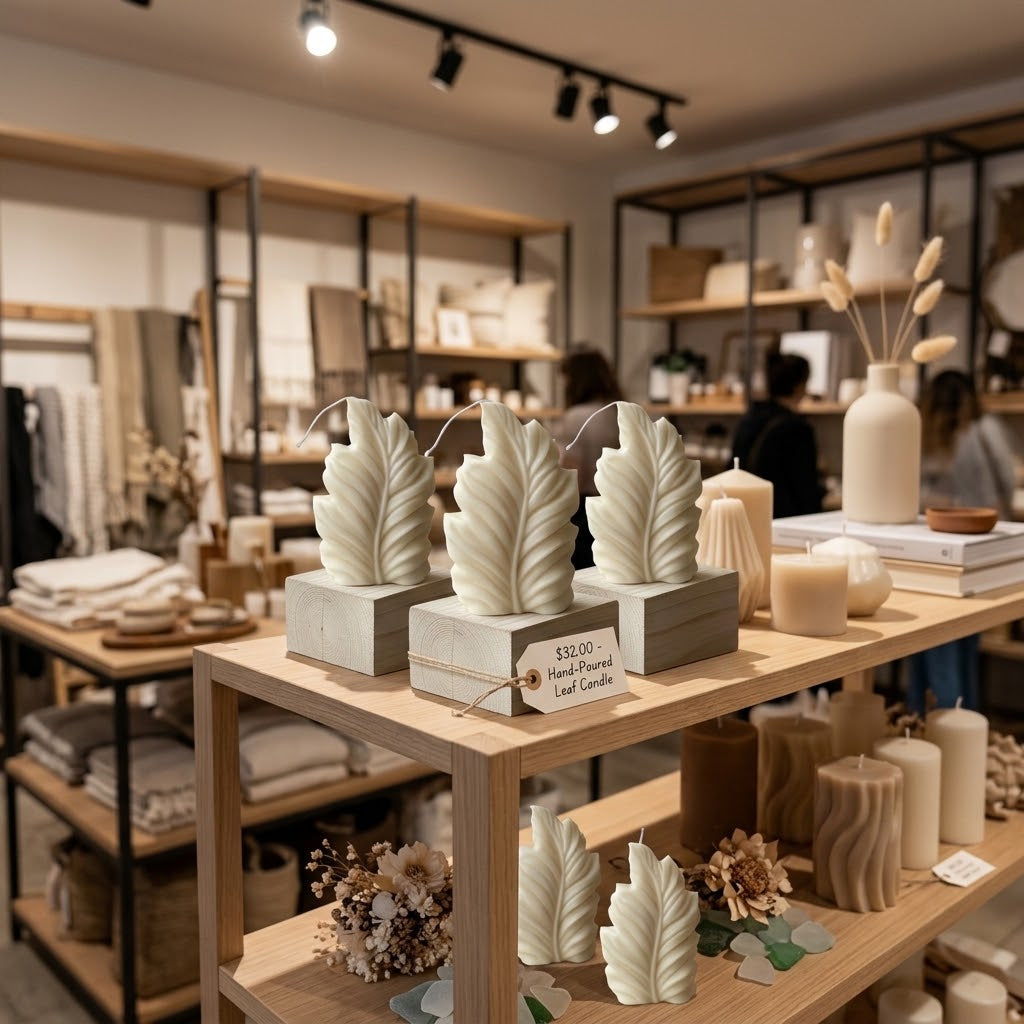 Three leaf-shaped candles in a matte cream color, displayed on a light wood shelf inside a cozy, softly-lit home decor store.