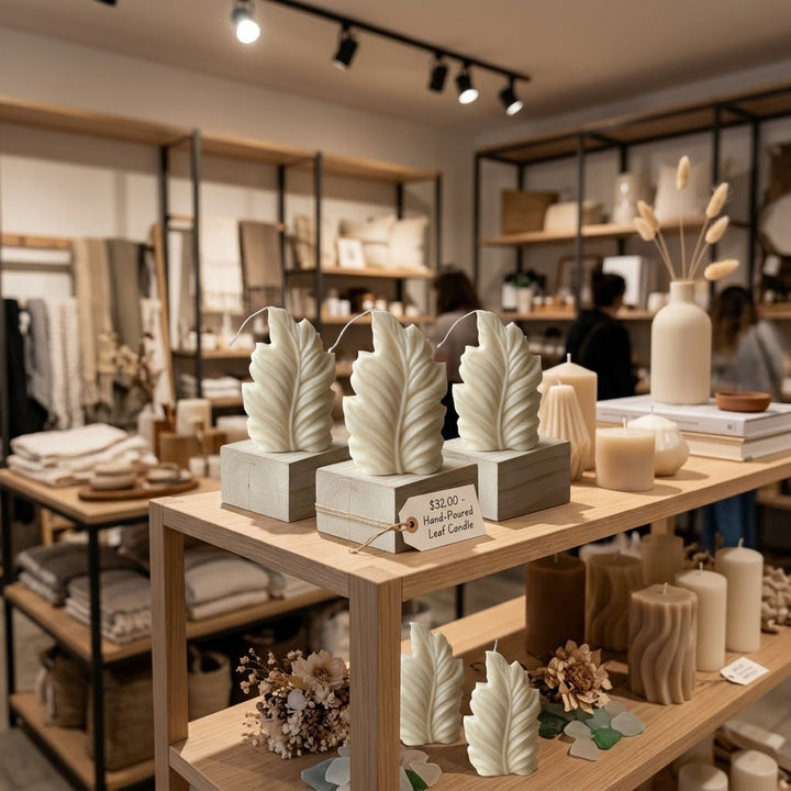 Three leaf-shaped candles in a matte cream color, displayed on a light wood shelf inside a cozy, softly-lit home decor store.