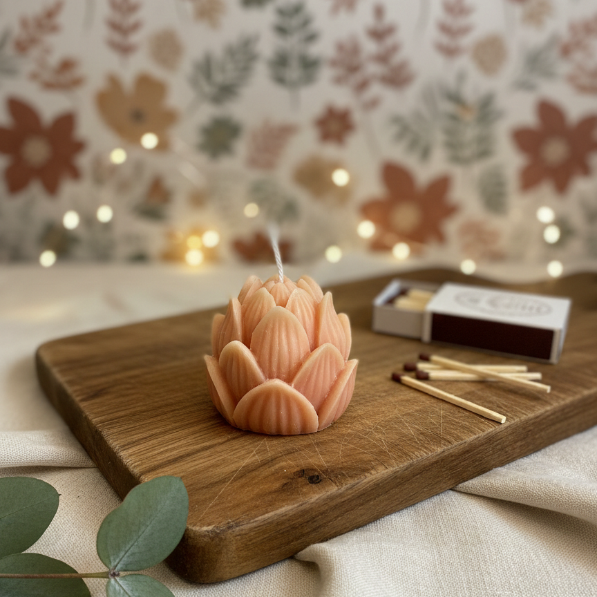 Decorative pink lotus-shaped candle on a wooden board with matches, against a floral patterned wall.
