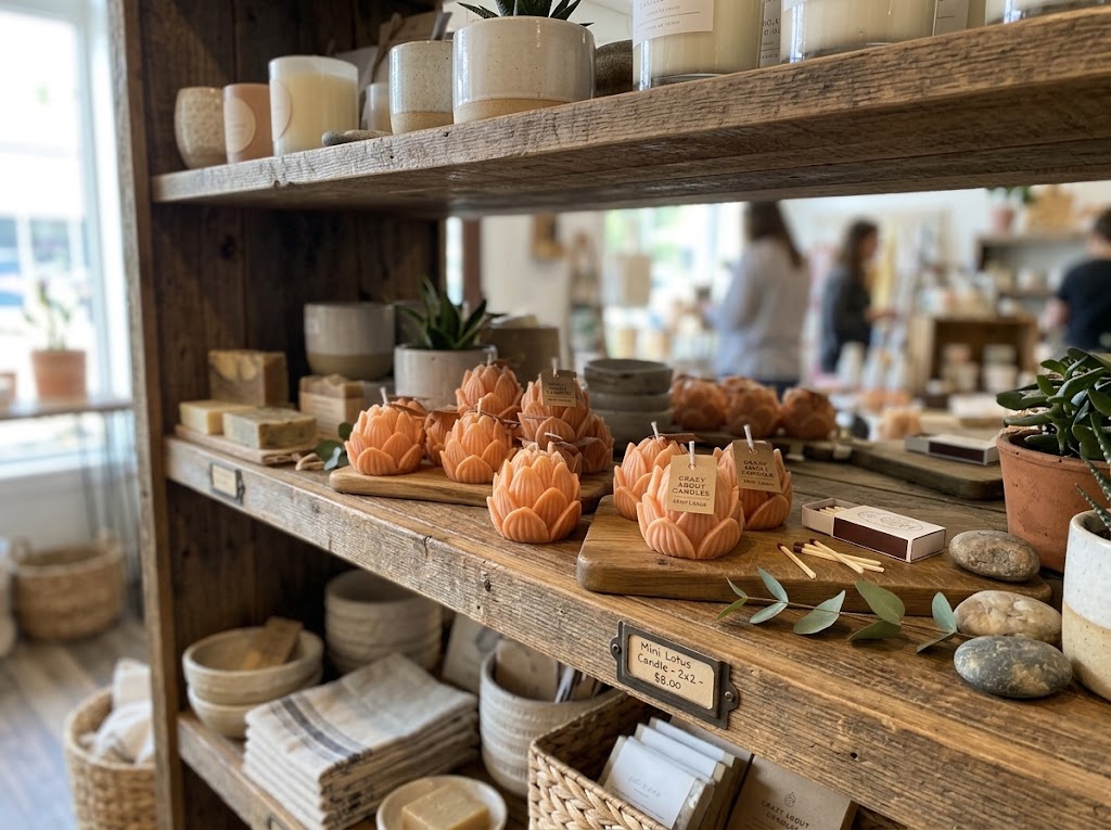 A rustic wooden shelf display in a candle and home goods shop, featuring orange pumpkin-shaped candles, ceramic vases, folded towels, and baskets, with a softly blurred background showing store interior and customers.