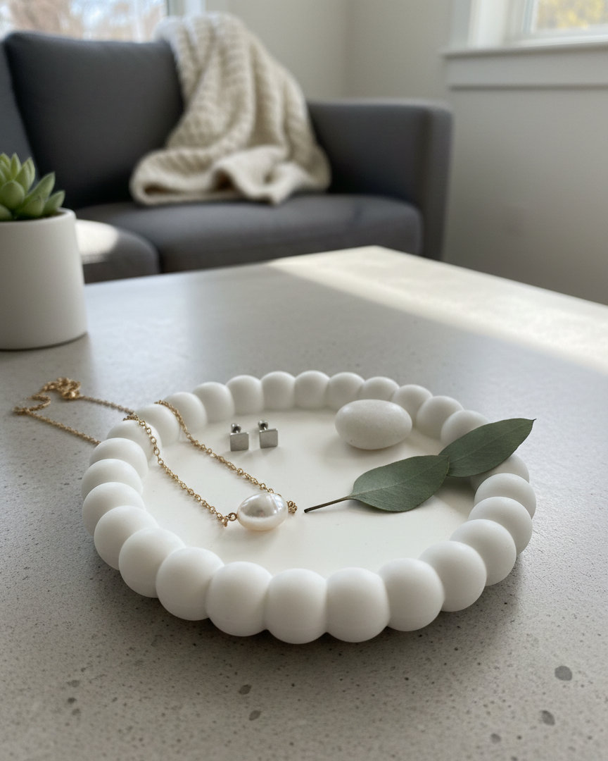 White Jesmonite trinket dish with jewelry on a table in a living room setting