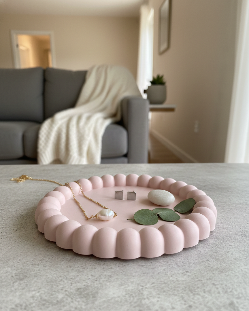 Pink handmade jesmonite trinket tray 