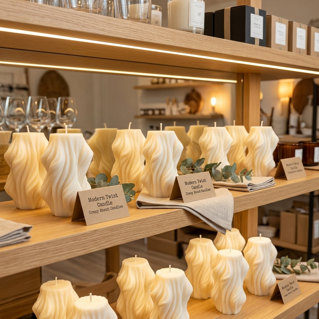 A retail display of sculptural, ribbed cream-colored candles on wooden shelves, with small product labels visible.