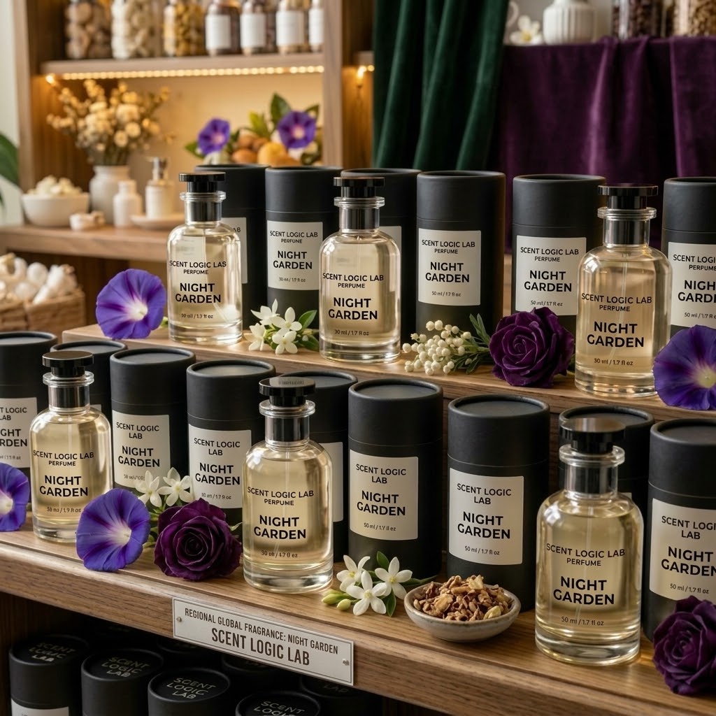 Multiple glass perfume bottles and black cylindrical tubes labeled SCENT LOGIC LAB NIGHT GARDEN are arranged on wooden shelves, with purple flowers and small white blossoms as styling props in a warm retail display setting.