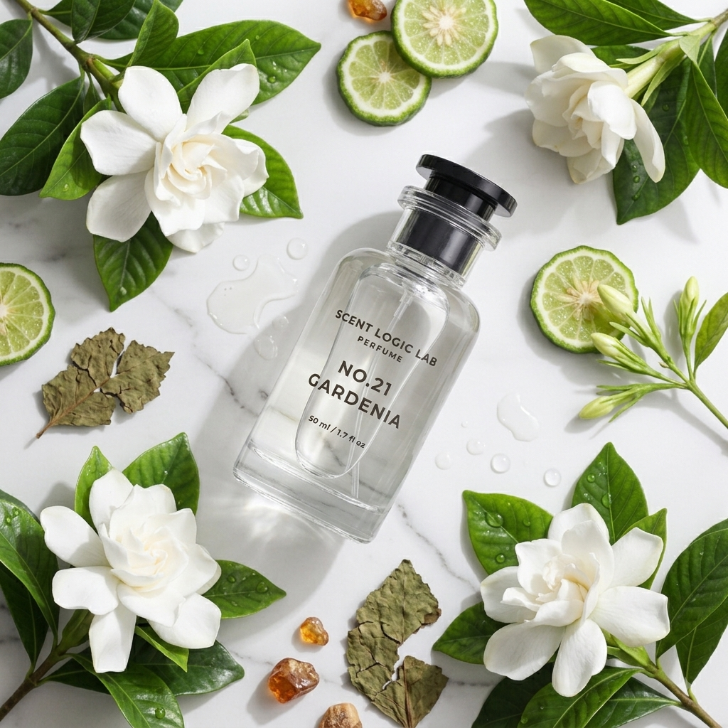 A clear glass perfume bottle labeled 'SCENT LOGIC LAB PERFUMES NO.21 GARDENIA' with a black cap, styled in a flat lay with fresh white gardenia flowers, green leaves, lime slices, and dried botanicals on a white marble background.