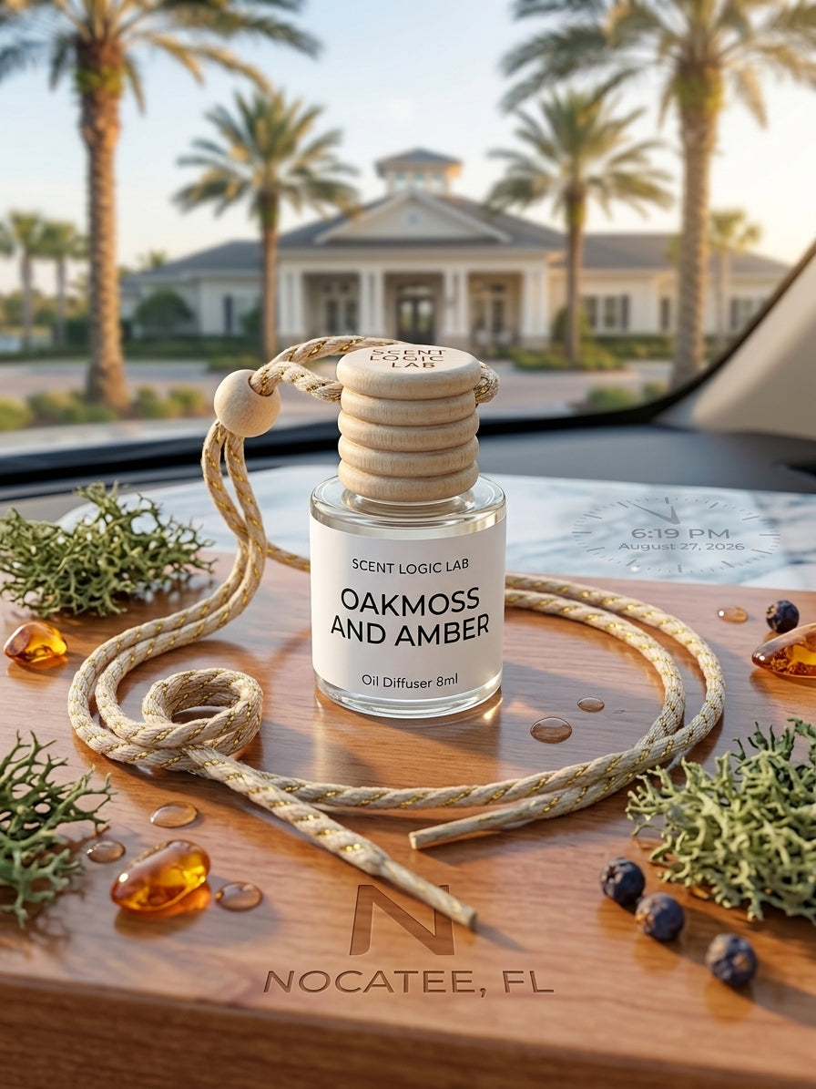 A glass oil diffuser bottle labeled &