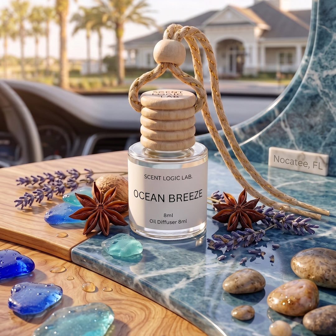 A glass oil diffuser bottle labeled &